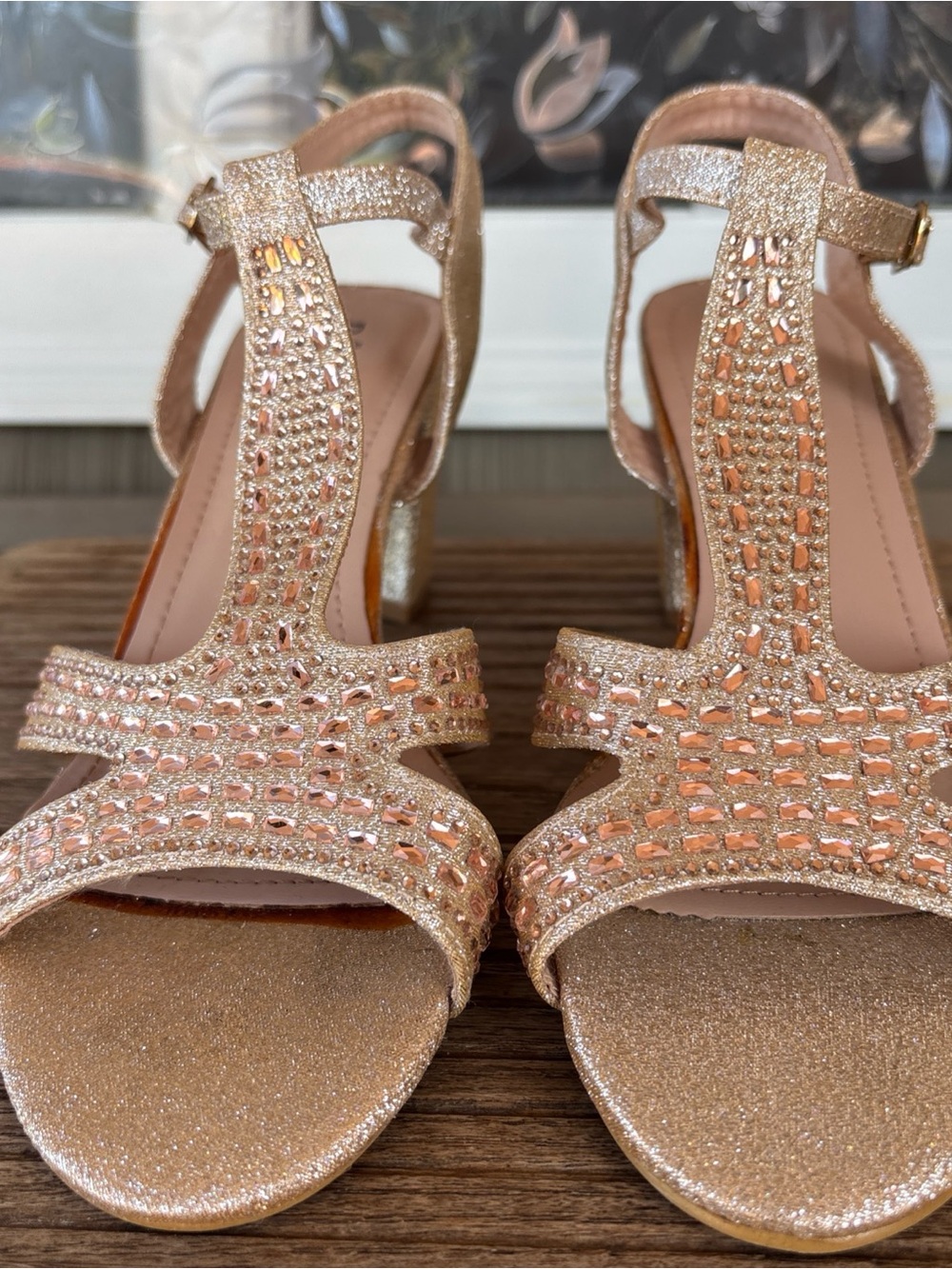 Bella Marie Rose Gold Glitter T-Strap Heels with Crystal Accents measures size 9